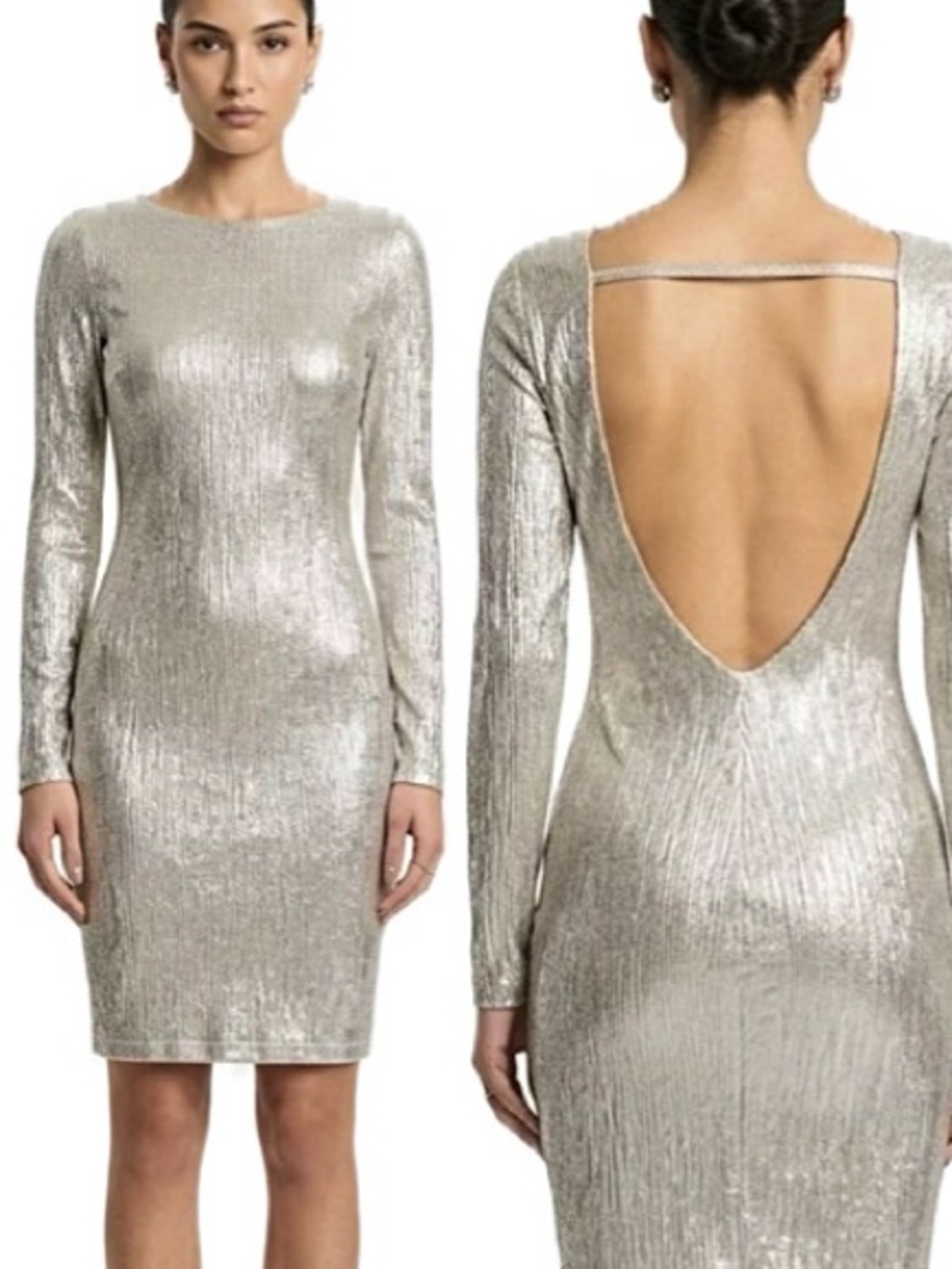 Bailey Blue Metallic Crinkled Dress Size Small XS Long Sleeve Backless Bodycon